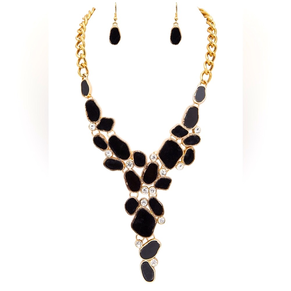 Long Y Gold & Rhinestone Statement Necklace - Picture 2 of 8